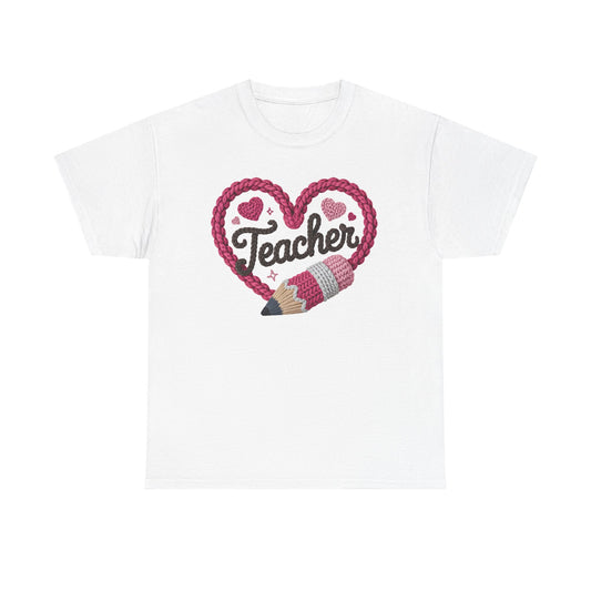 Pink heart 3D Yarn Effect Back to School T-Shirt